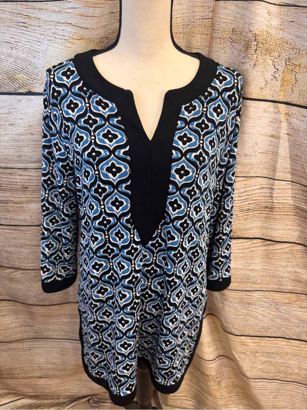 Chico's Black, Blue and Cream Graphic Print Top
